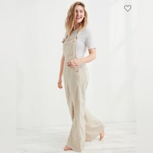aerie Cream Wide-Leg Overalls Jumpsuit